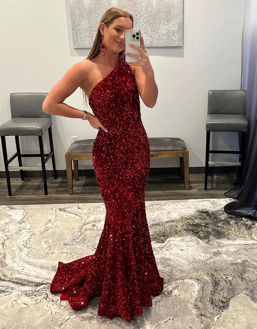 Mermaid Sequin One Shoulder Backless Prom Dress