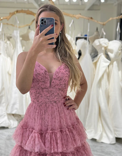A Line Backless Tiered Long Prom Dress