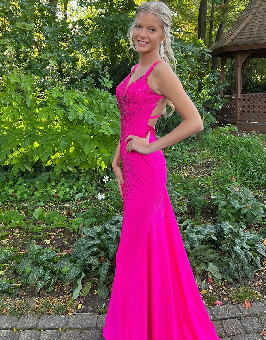 Purple V-Neck Mermaid Backless Lace-Up Back Prom Dress with Beading
