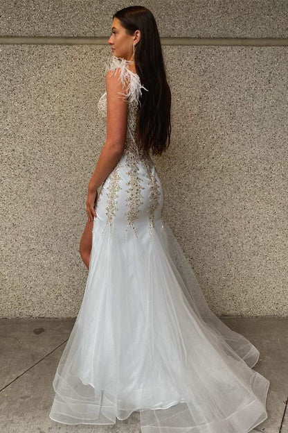 Beaded Feather V-Neck Mermaid Long Formal Dress with Slit