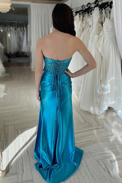 Rhinestone Strapless Sheath Prom Dresses Formal Dress with Slit