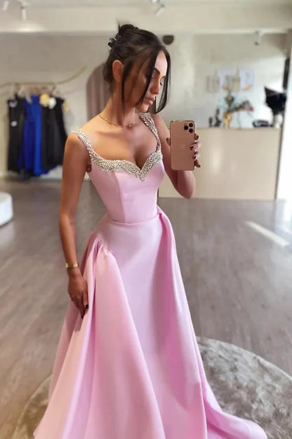 A Line Pink Satin Long Prom Dresses with Beadings