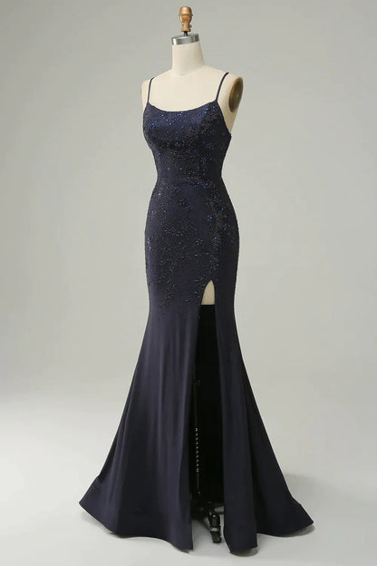 Spaghetti Straps Beaded Prom Dress with Split