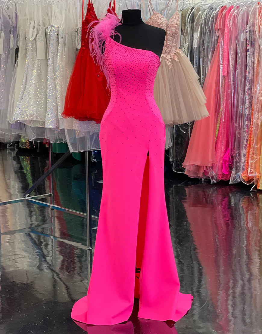 One Shoulder Hot Pink Prom Dress with Feathers