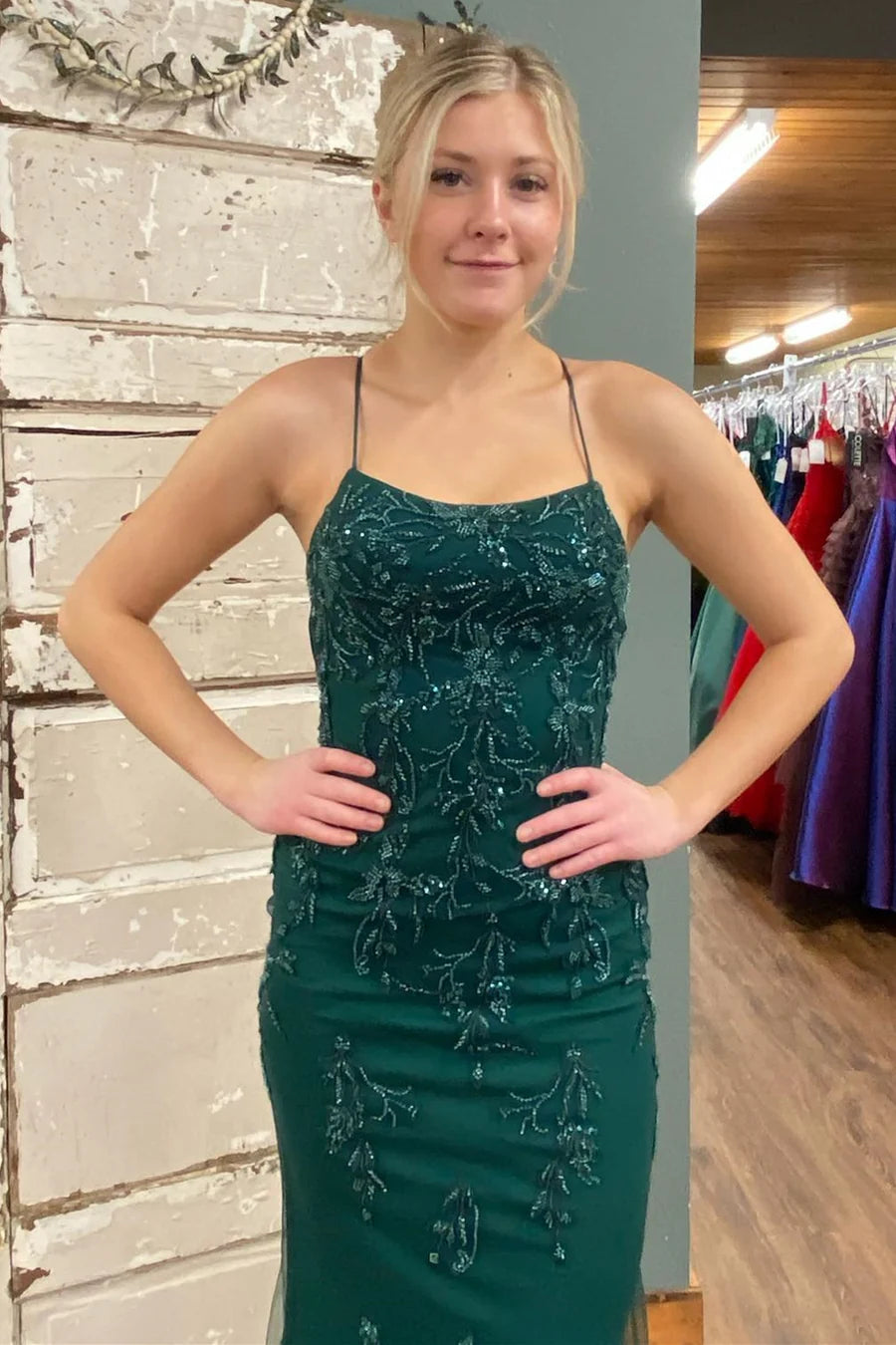 Applique Lace-Up Mermaid Long Formal Dress