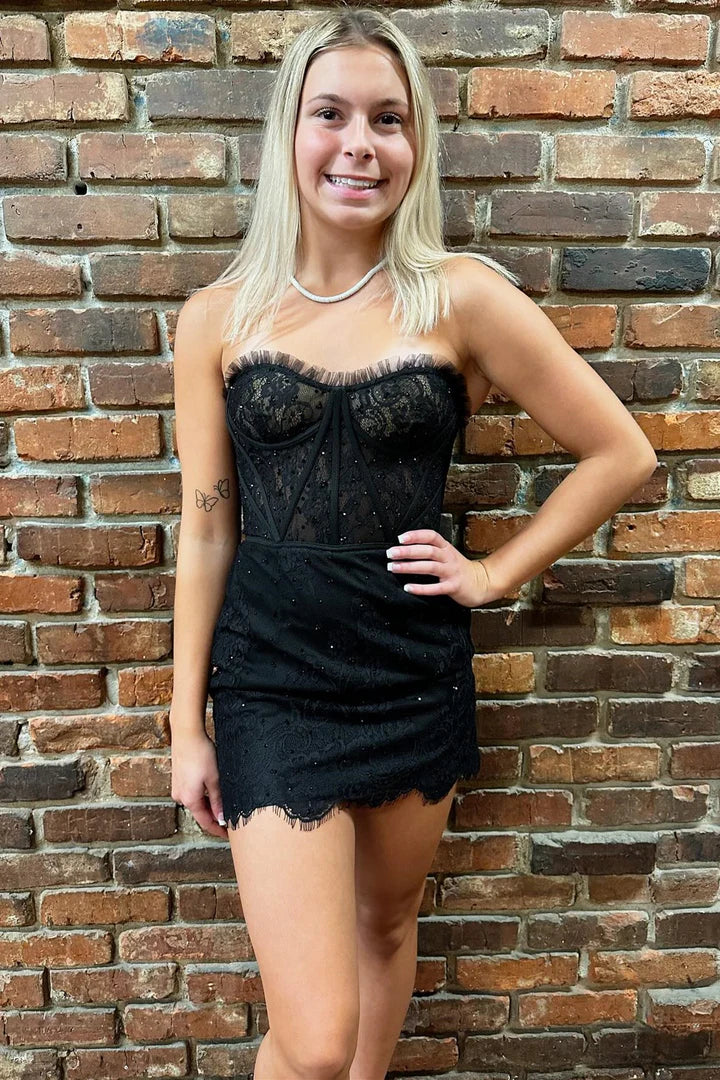 Strapless Eyelash Lace Short Dress