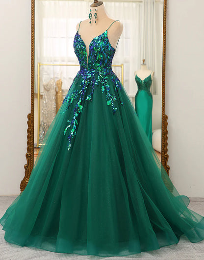 Deep V-Neck Prom Dress With Appliqués