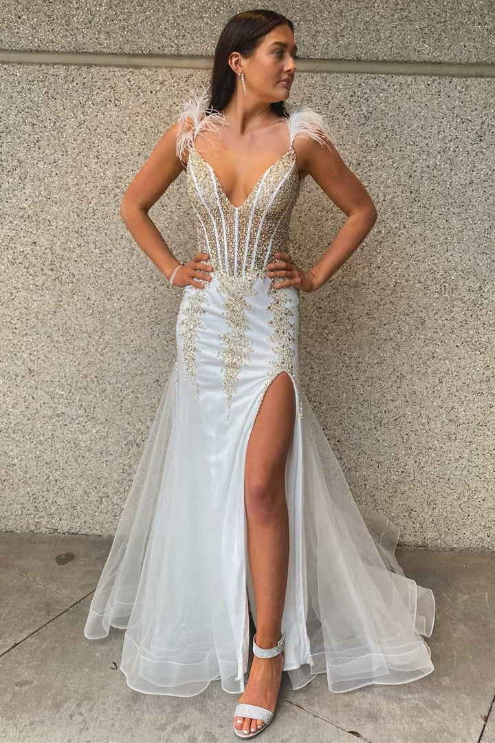 Beaded Feather V-Neck Mermaid Long Formal Dress with Slit