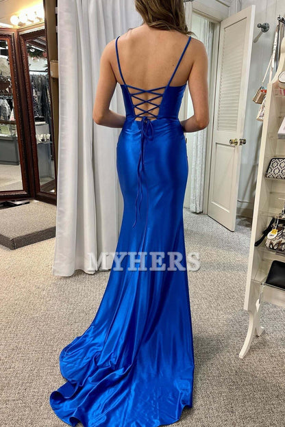 Formal Women's Dresses Wedding Guest Dresses Spaghetti Strap Scoop Neck Lace-Up Backless Pleated Mermaid Gown Elegant Exquisite Evening Dress