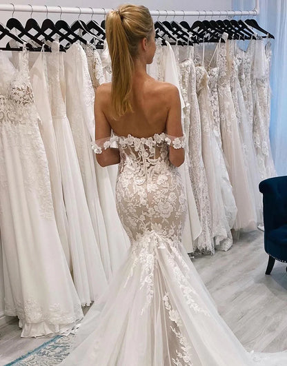 Off the Shoulder Long Lace Mermaid Wedding Dress