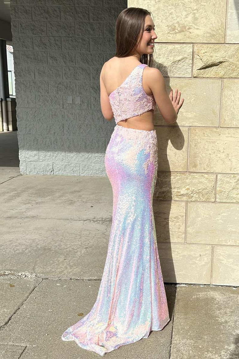 Sequin Applique One-Shoulder Cutout Long Prom Dress with Slit