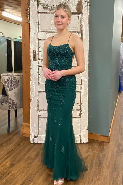 Applique Lace-Up Mermaid Long Formal Dress