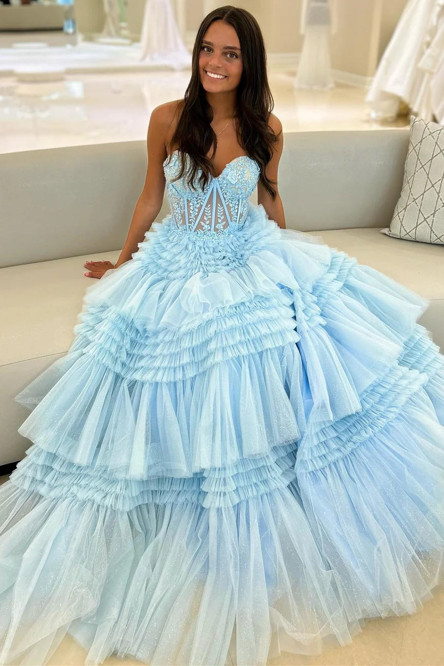 Tulle Sweetheart Tiered A-Line Long Prom Dress with Ruffles