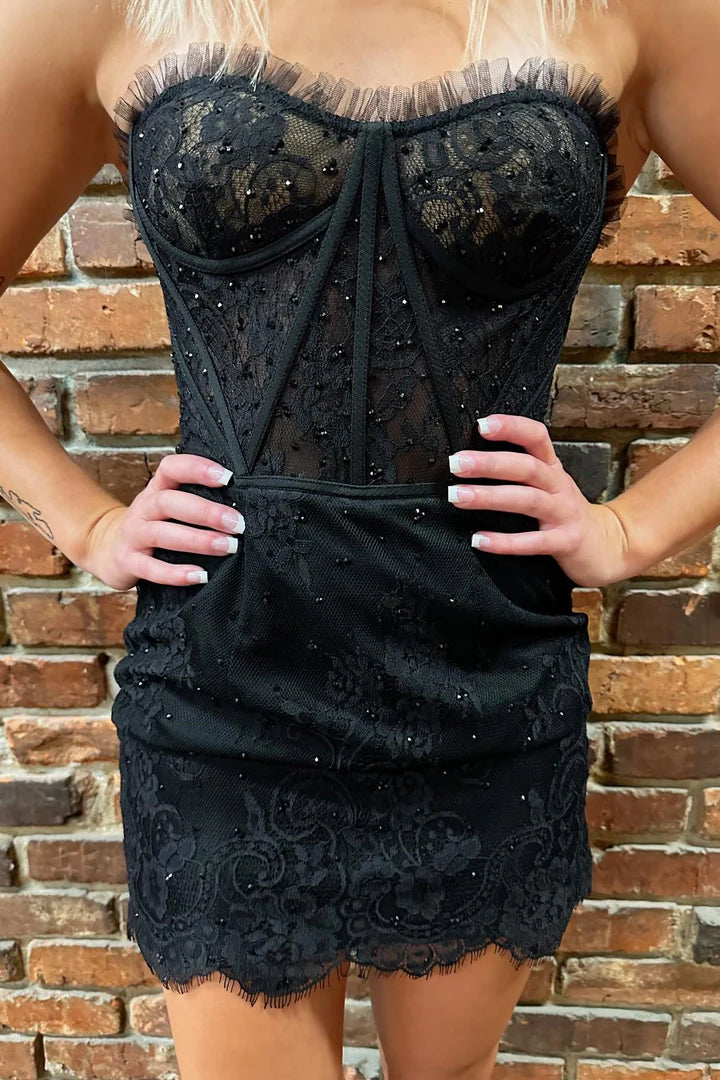 Strapless Eyelash Lace Short Dress
