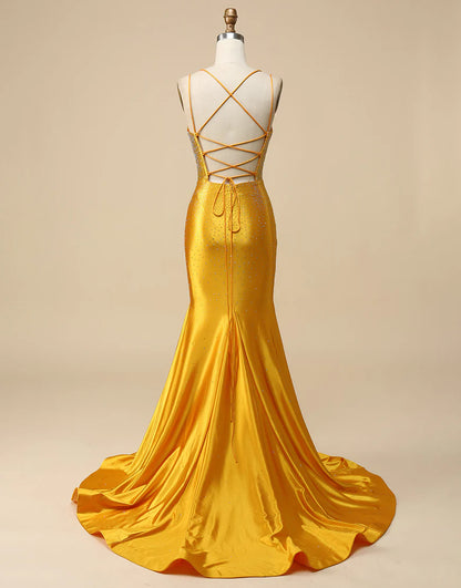 Gold Mermaid V-neck Beaded Long Prom Dress