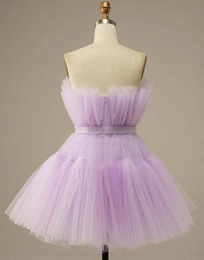 Purple Strapless Off-the-Shoulder Tulle Homecoming Dress