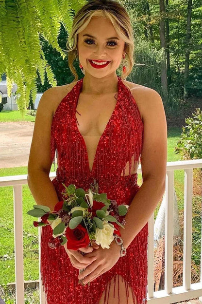 Sequin Fringe Halter Long Prom Dress with Slit