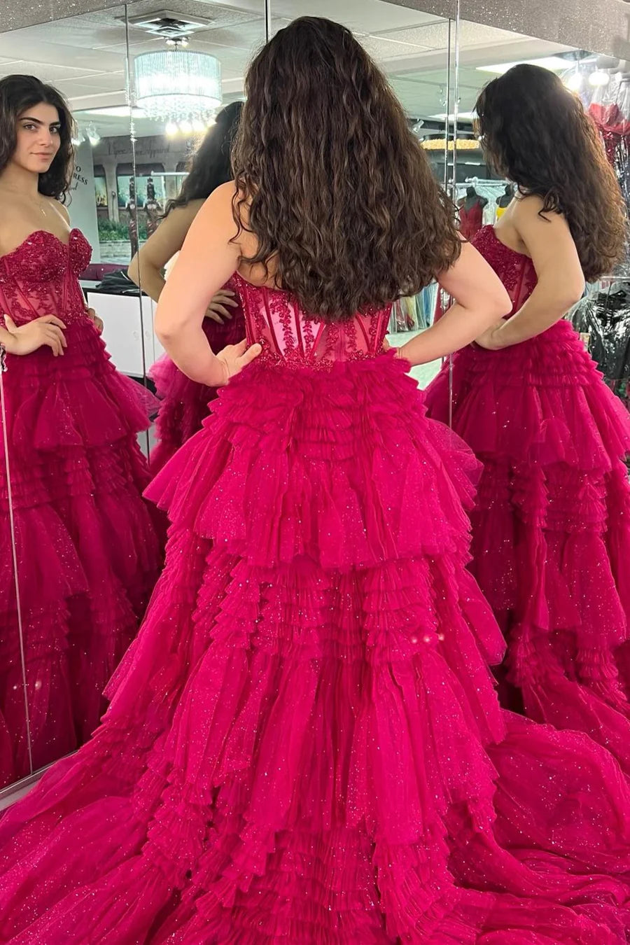 Tulle Sweetheart Tiered A-Line Long Prom Dress with Ruffles