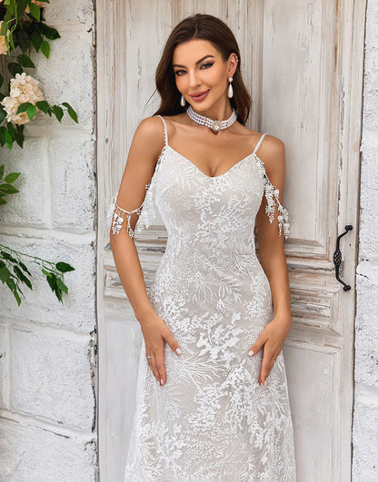 Mermaid Spaghetti Straps Ivory Wedding Dress with Fringes Lace