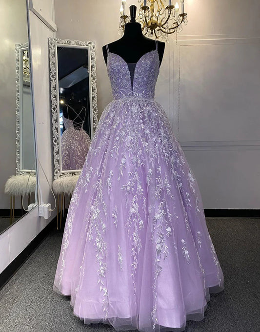 Lilac Princess Long Prom Dress with Embroidery