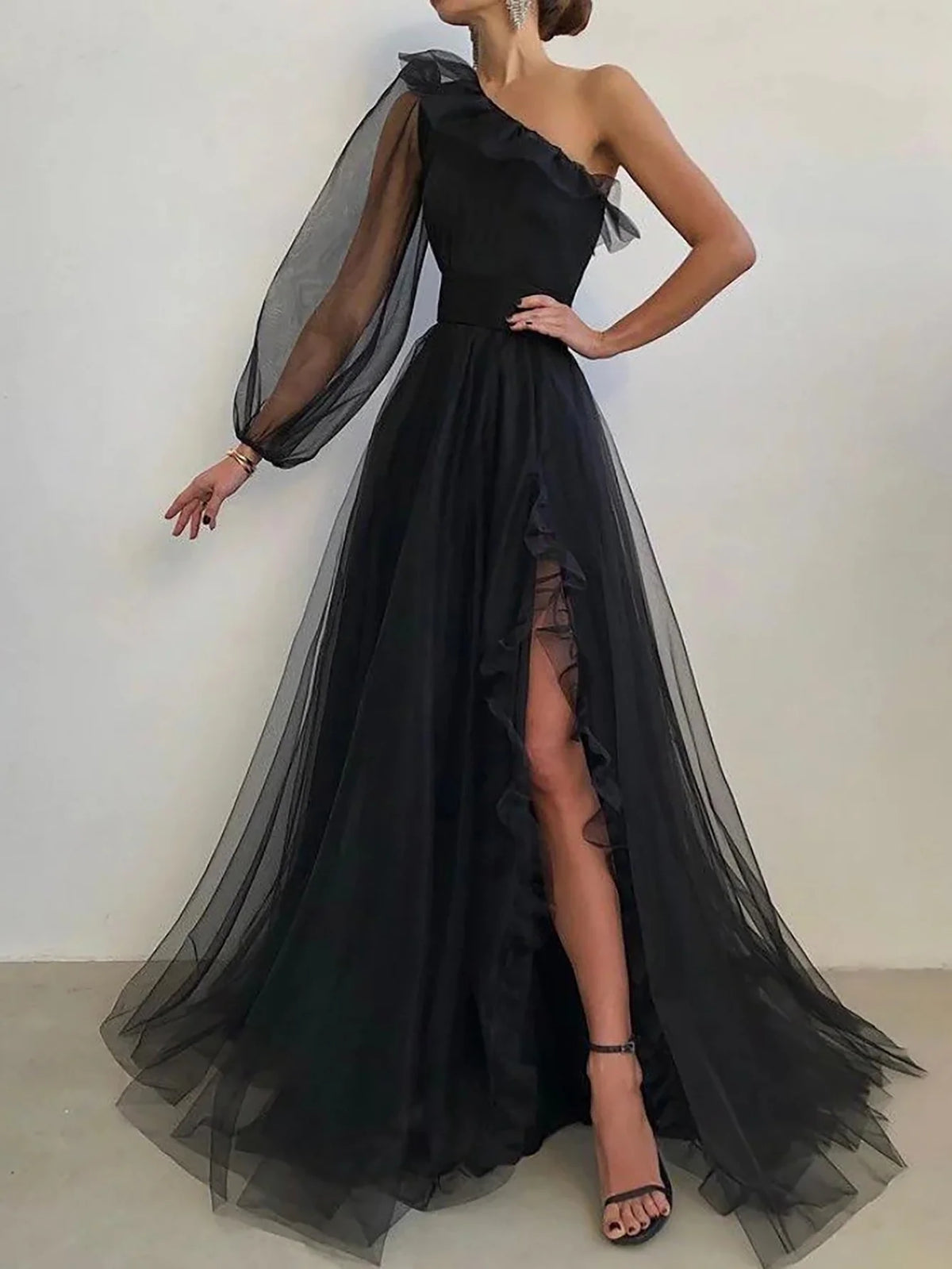One Shoulder Black Tulle A Line Long Prom Dress