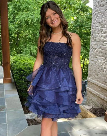 A Line Tulle Tiered Homecming Dress with Appliques