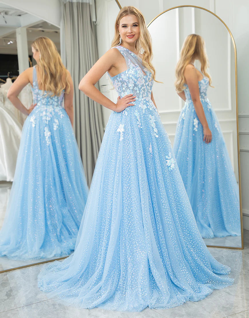 A Line Tulle Long Prom Dress With Appliques