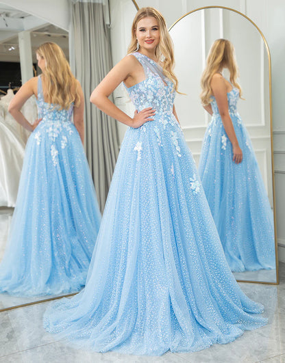 A Line Tulle Long Prom Dress With Appliques