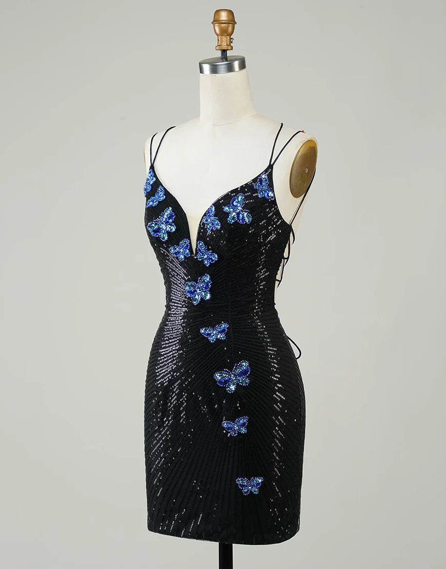 Glitter Black Tight Homecoming Dress with Sequins Butterflies