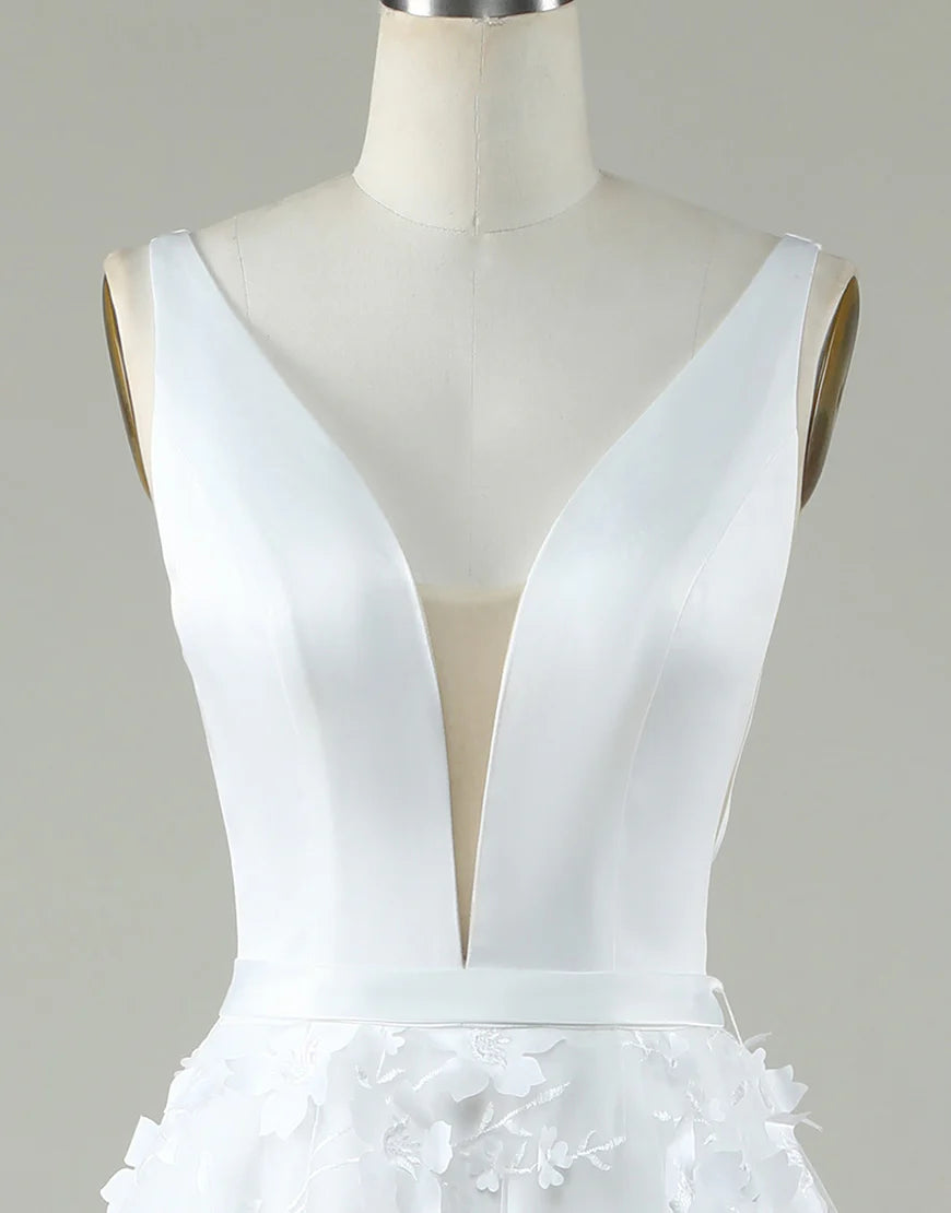 V Neck Open Back A Line Ivory Wedding Dress With Appliques