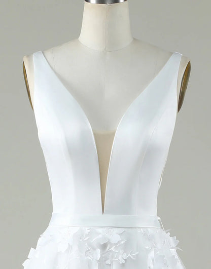 V Neck Open Back A Line Ivory Wedding Dress With Appliques