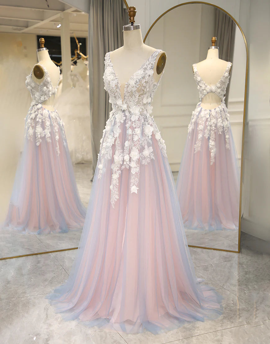 A Line Deep V Neck Grey Pink Long Prom Dress with Appliques