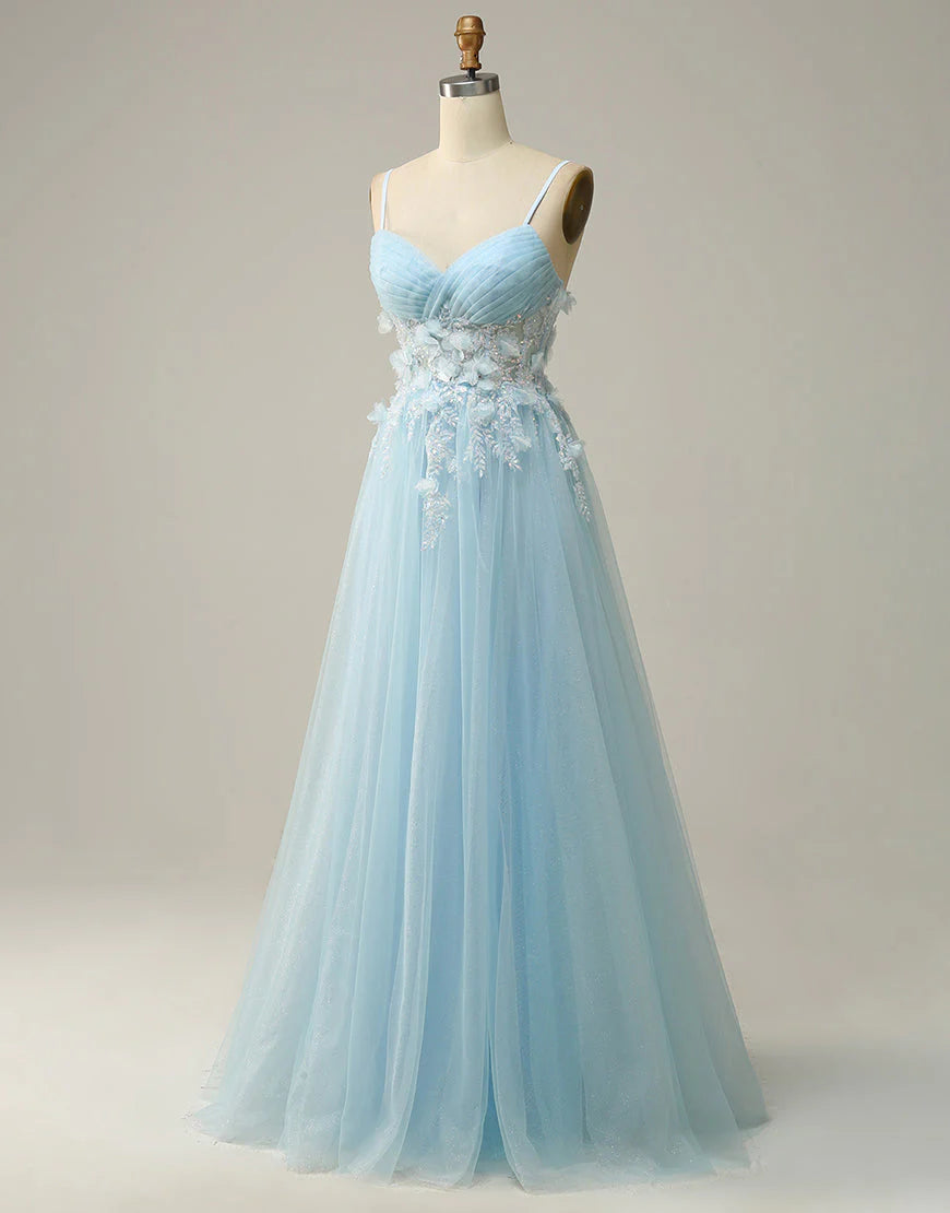 A Line Spaghetti Straps Sky Blue Prom Dress with Appliques