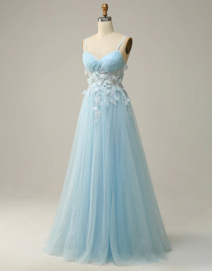 A Line Spaghetti Straps Sky Blue Prom Dress with Appliques