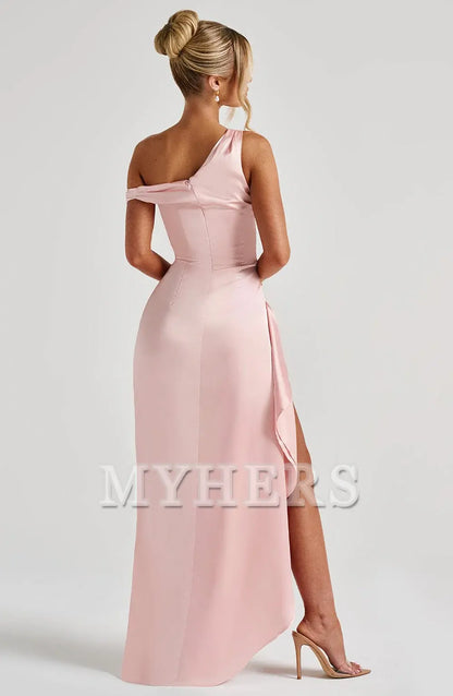 Asymmetric straps Ruched Thigh High Slit Charming Dresses Bridesmaid Dresses Wedding Guests Dresses