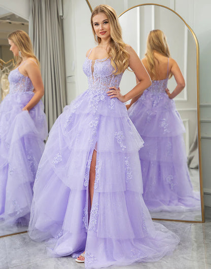 A Line Appliqued Long Prom Dress With Slit