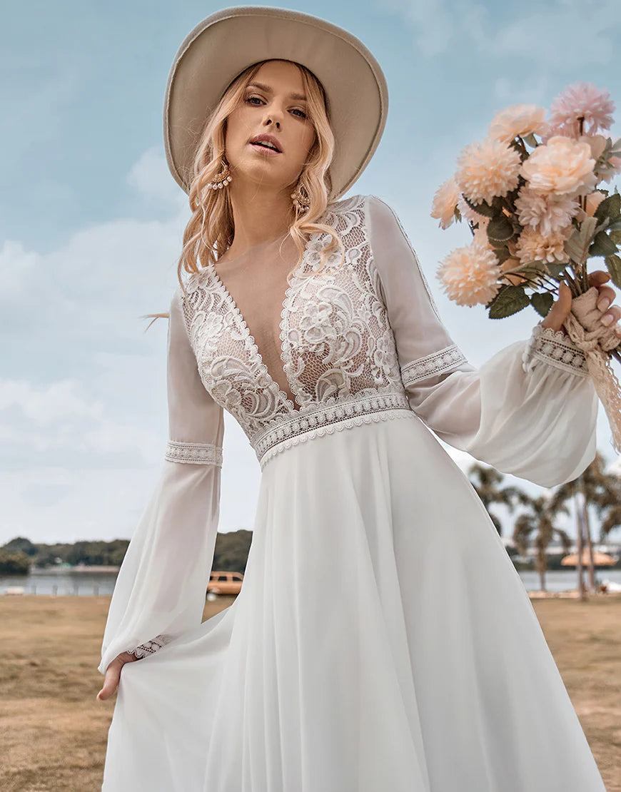 Long Sleeves Ivory A Line Wedding Dress with Lace