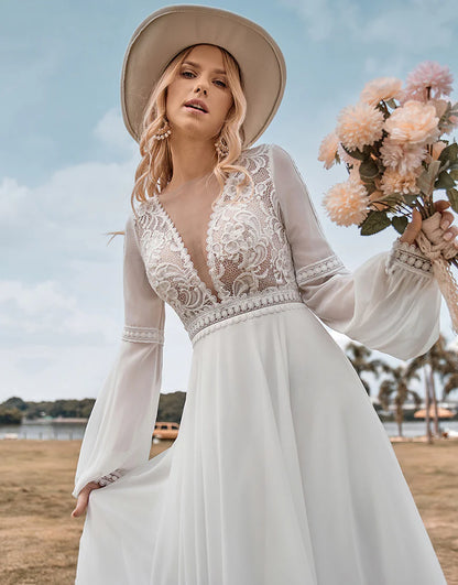 Long Sleeves Ivory A Line Wedding Dress with Lace