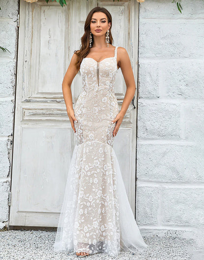 Mermaid Ivory Sweep Train Wedding Dress with Lace
