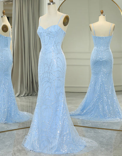 Sparkly Light Blue Mermaid Long Prom Dress With Appliques