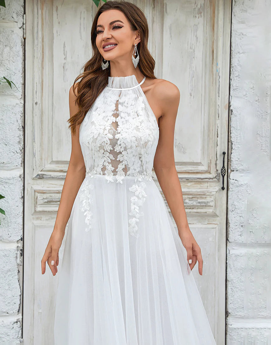 Open Back Tulle Sweep Train Wedding Dress with Lace
