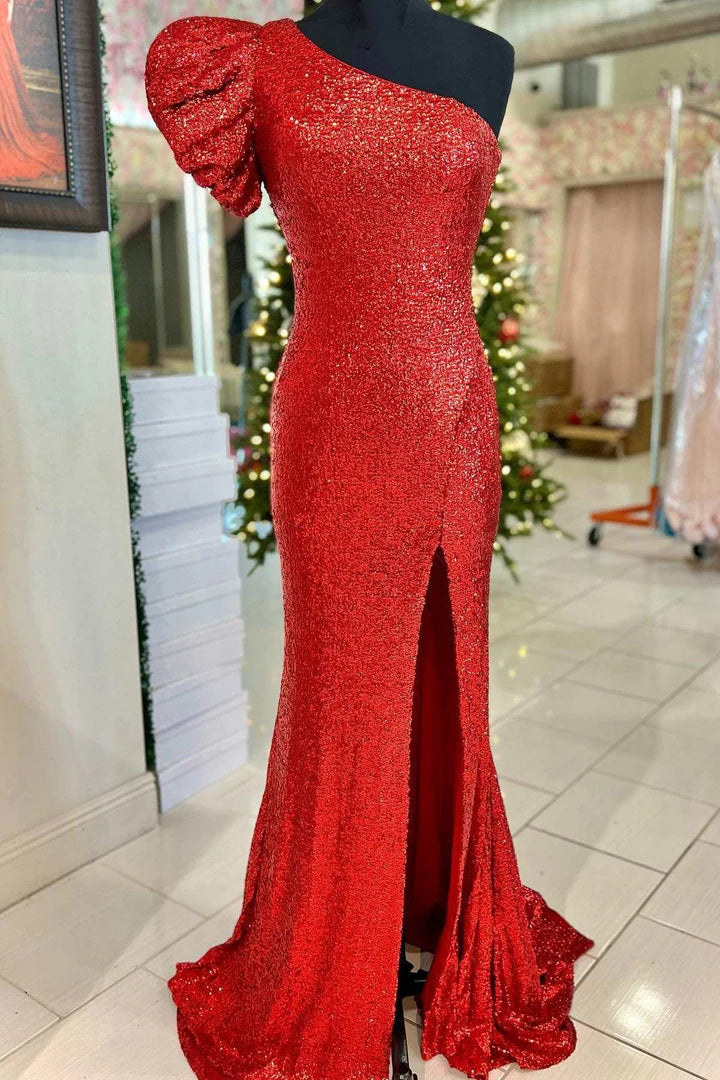 Sequin One-Sleeve Long Formal Dress with Slit