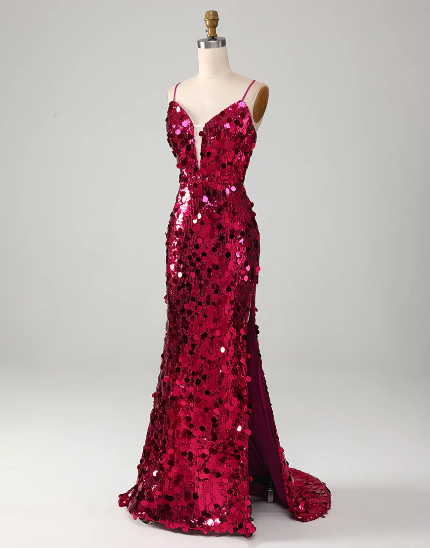 Sparkly Fuchsia Mermaid Long Prom Dress With Slit