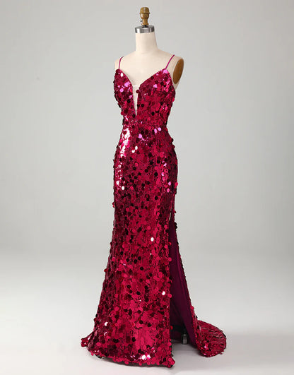 Sparkly Fuchsia Mermaid Long Prom Dress With Slit