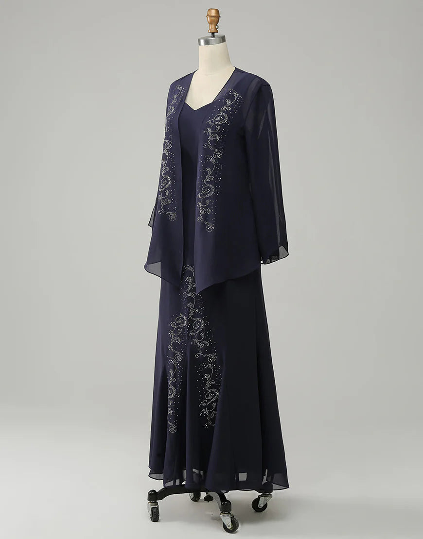 Navy Two Piece Sparkly Beaded Mother of the Bride Dress