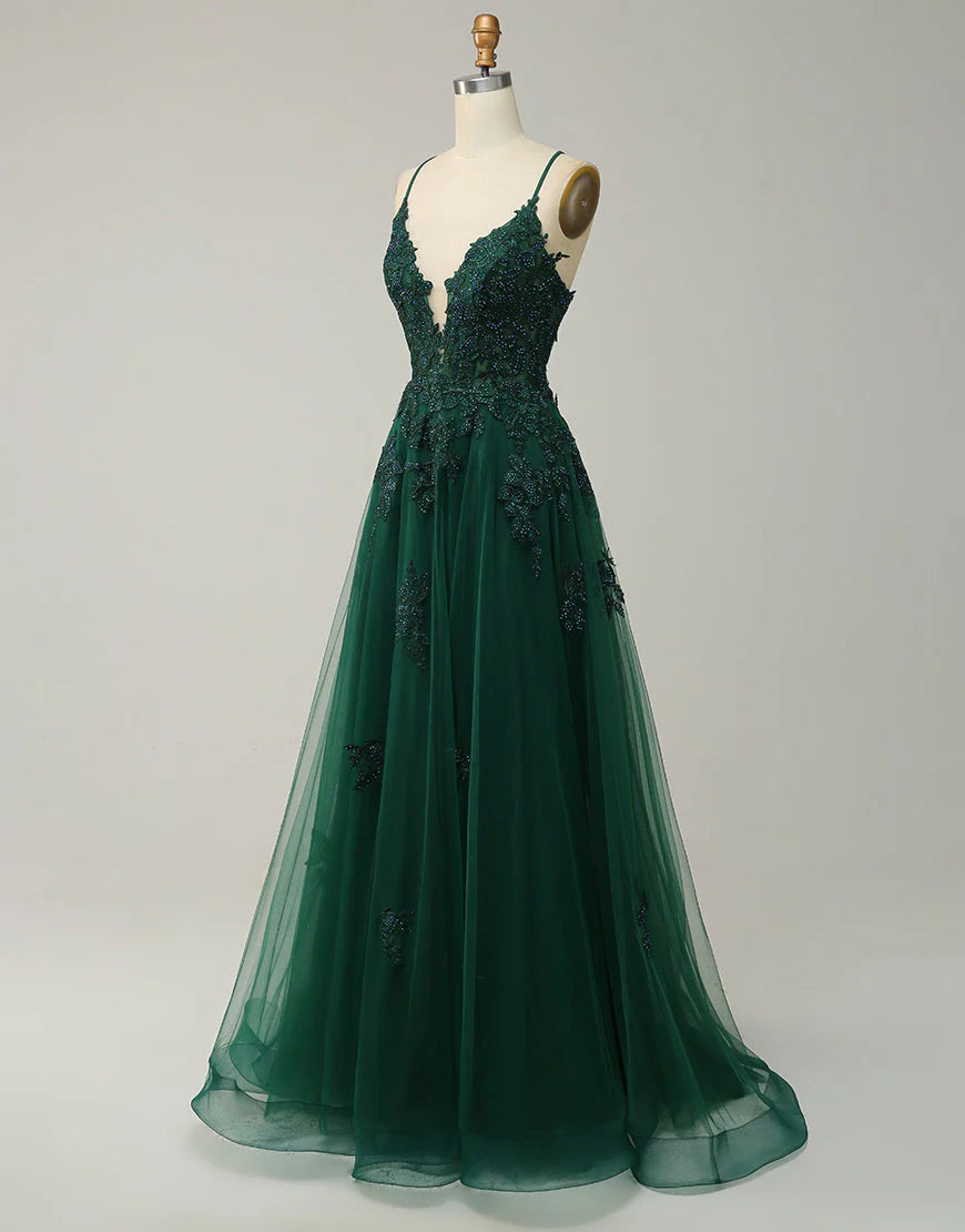 A-Line Tulle Appliques Long Prom Dress With Slit