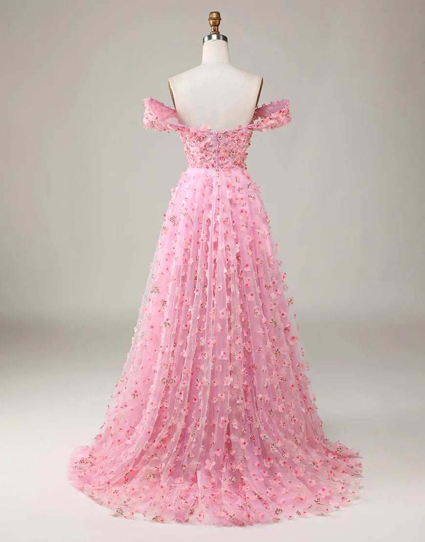 A-line Off The Shoulder Pink Long Bridesmaid Dress with 3D Flowers