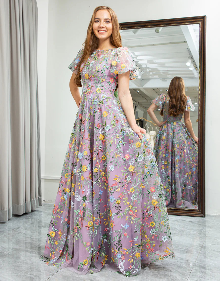 A-Line Embroidered Long Prom Dress With Appliqued