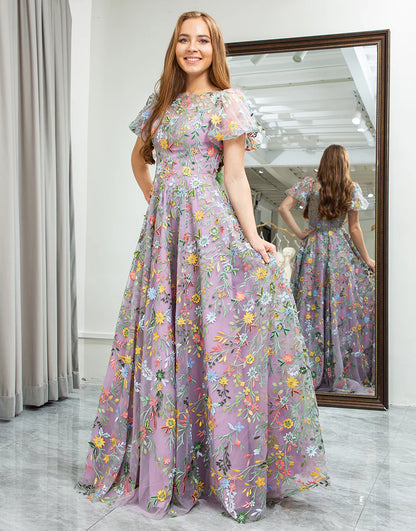 A-Line Embroidered Long Prom Dress With Appliqued