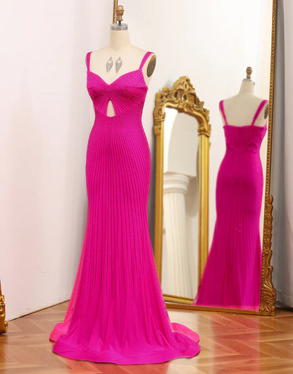 Sparkly Mermaid Hot Pink Prom Dress with Hollow-out
